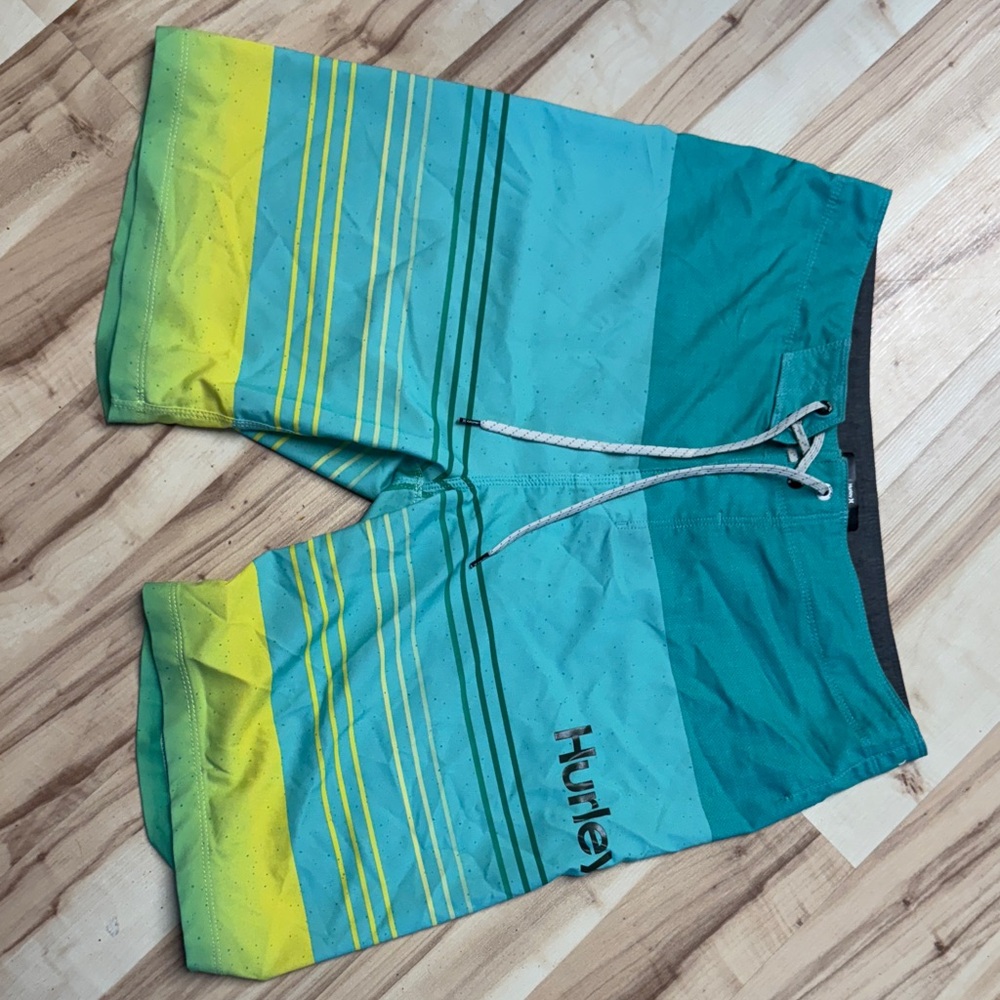 Hurley Teal & Yellow Striped Men’s Swim Board Shorts